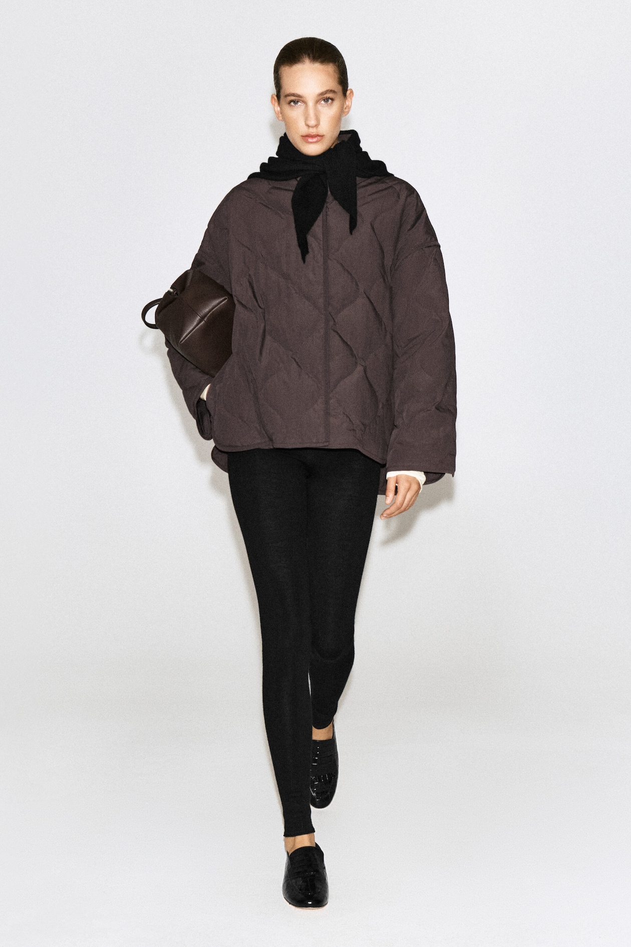 SHAWL-COLLAR QUILTED JACKET — BROWN