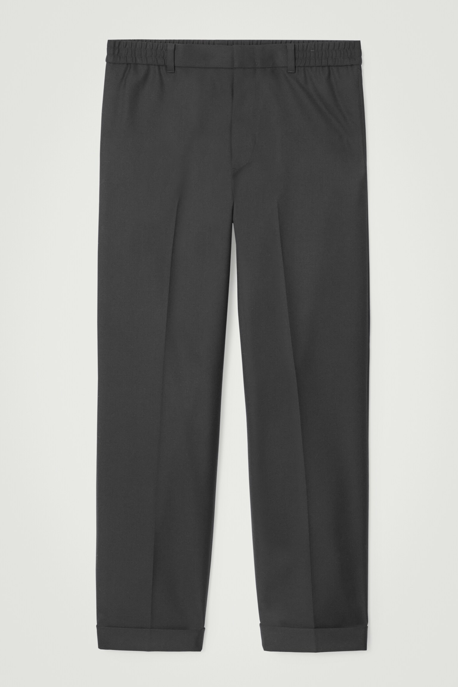 PANTALON DROIT À REVERS EN LAINE MÉLANGÉE - NOIR - 1
