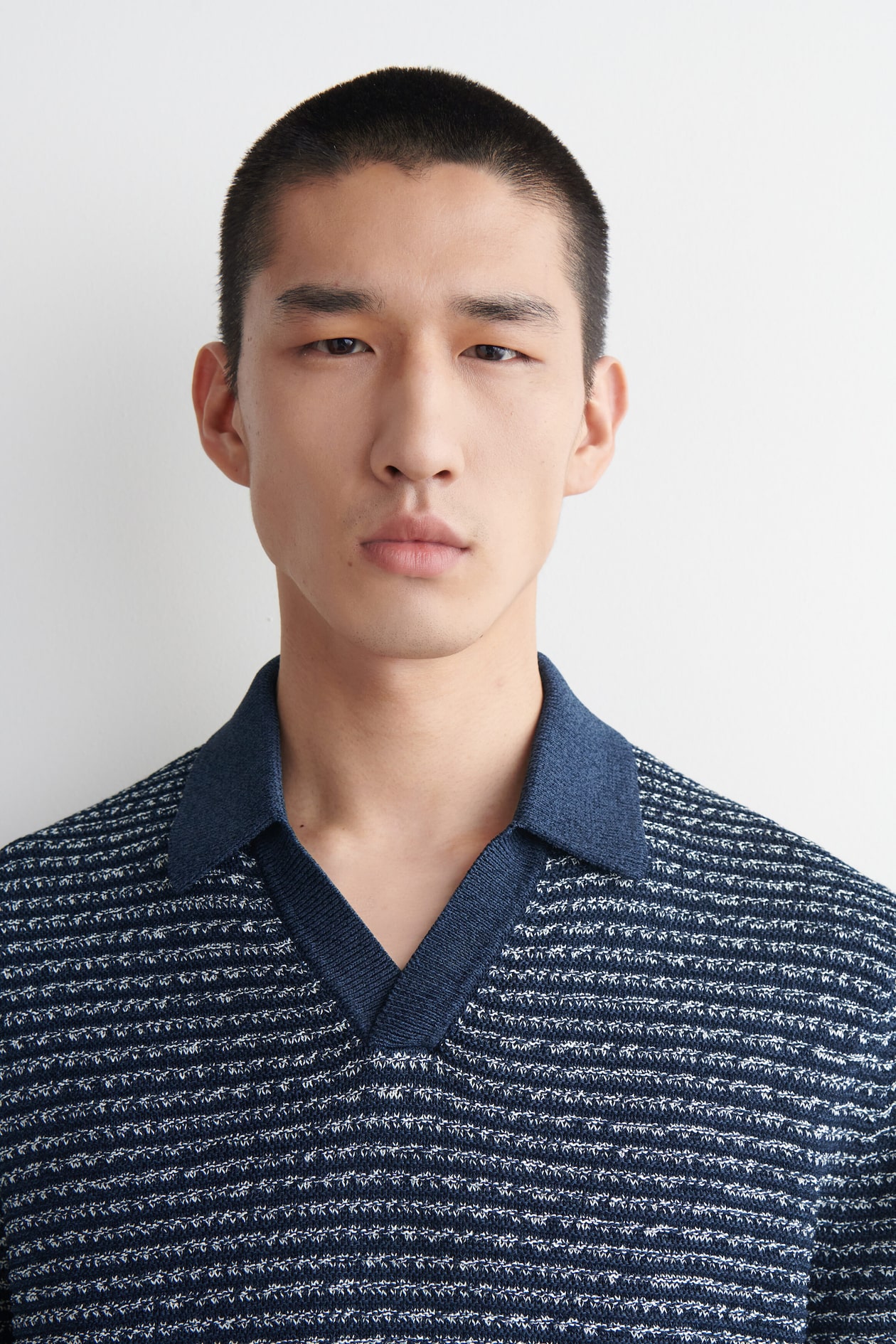 STRIPED OPEN-KNIT POLO SHIRT — NAVY / WHITE / STRIPED