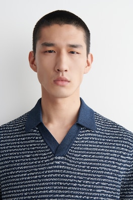 STRIPED OPEN-KNIT POLO SHIRT — NAVY / WHITE / STRIPED 5