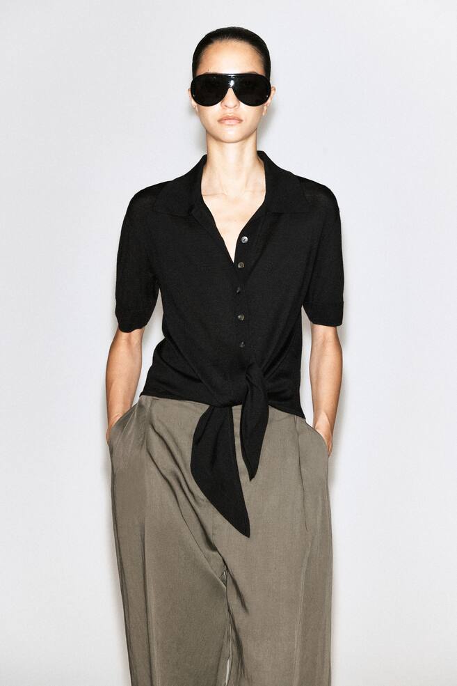 TIE-FRONT KNITTED WOOL SHIRT - BLACK/WHITE/ORANGE - 1
