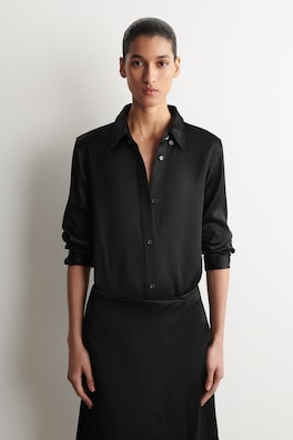 BUTTON-DOWN COLLAR SATIN SHIRT — BLACK 1