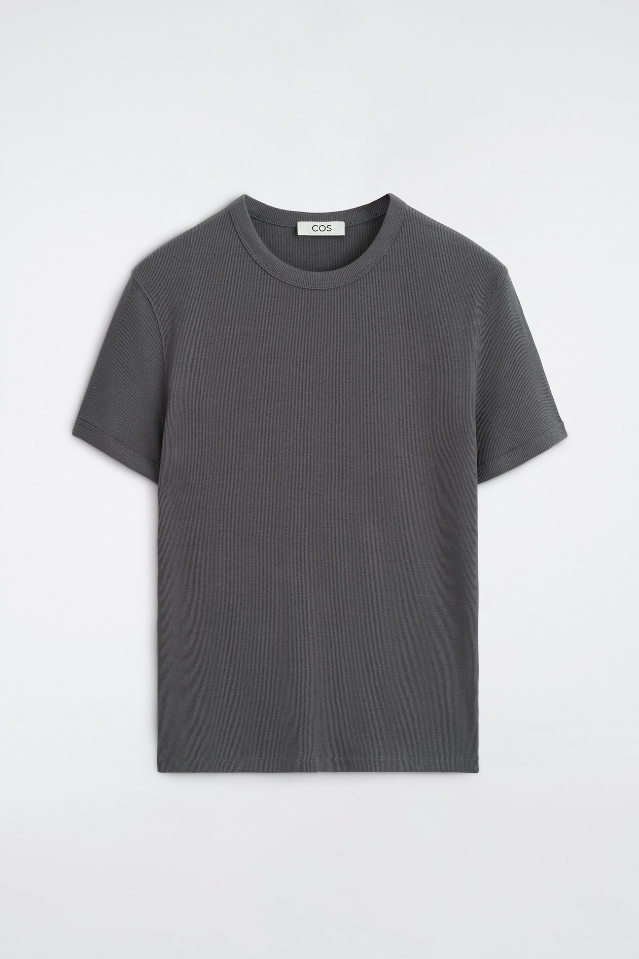 The slim ribbed cotton T-shirt in dark grey is showcasing a fine vertical ribbed texture, shown from the front. It features a crew neck with a ribbed collar, short sleeves with ribbed cuffs, and a straight hem.