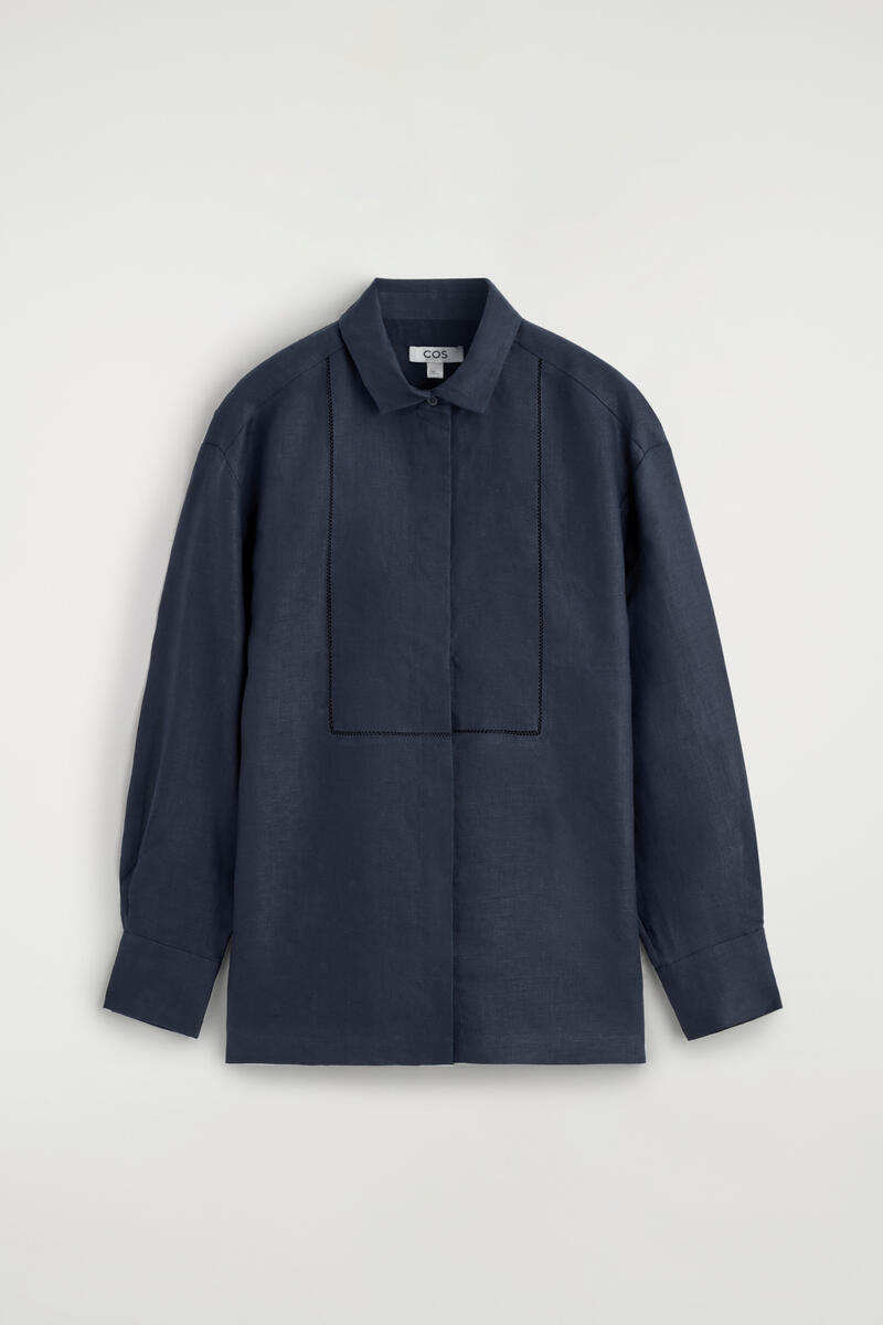 Embroidered-Detail Linen Shirt in Navy
