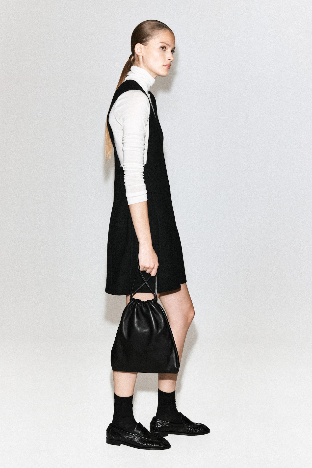 BOILED WOOL-BLEND MINI PINAFORE DRESS — BLACK