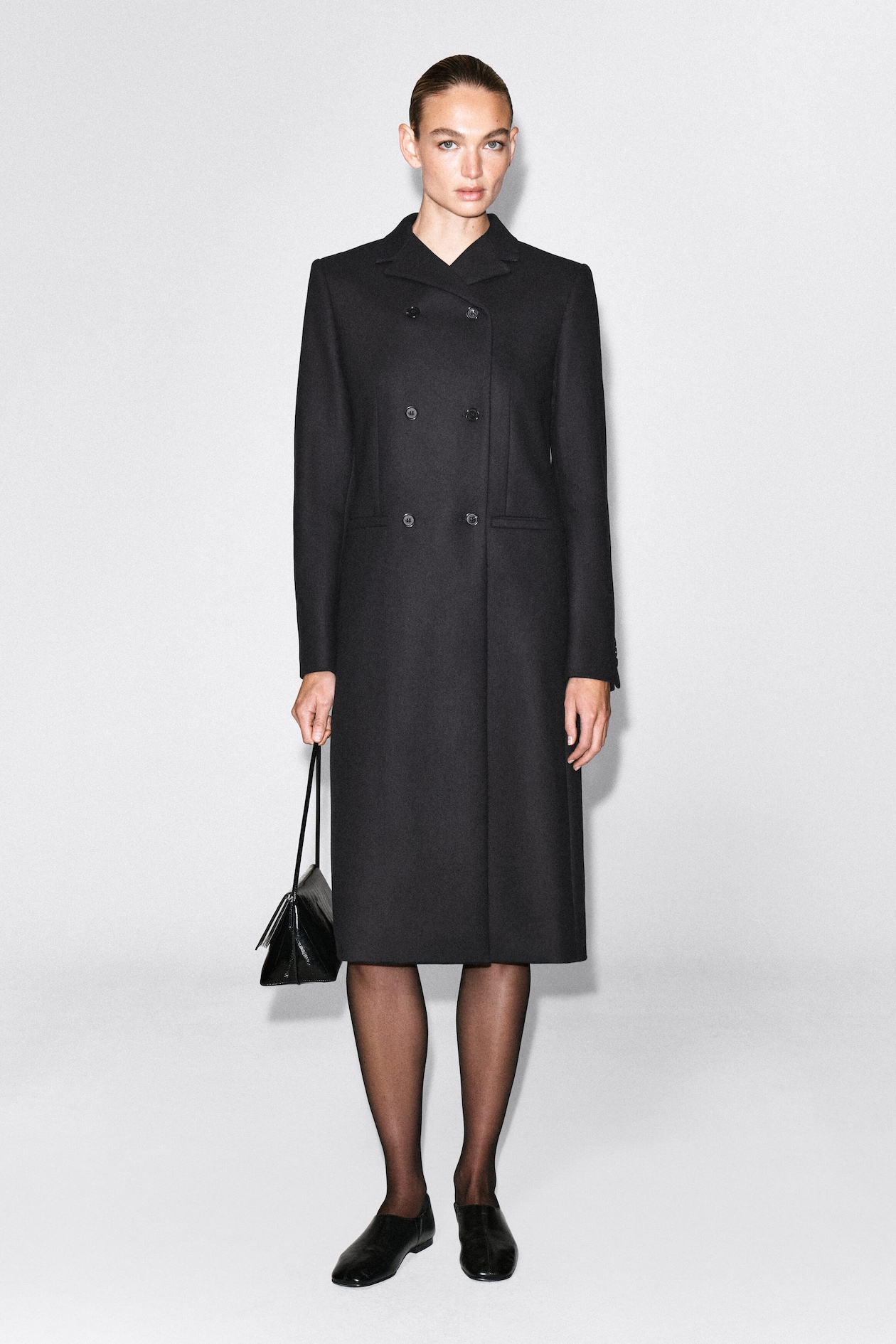 TAILORED WOOL-TWILL LONG COAT — NAVY