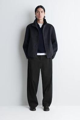 DOUBLE-FACED WOOL MOCK-NECK JACKET — CHARCOAL MÉLANGE 1