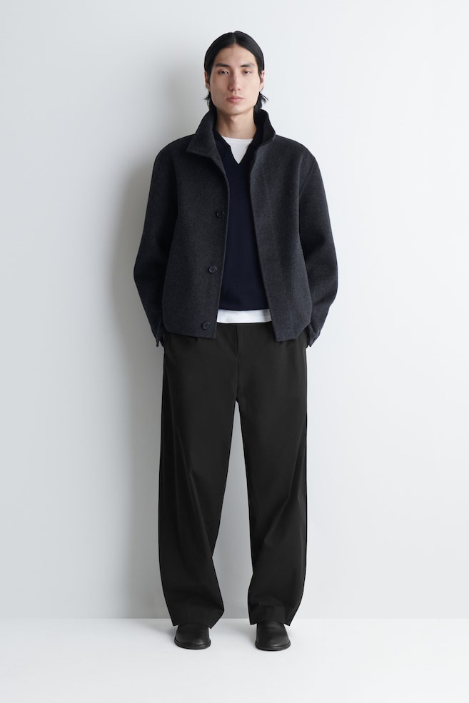 DOUBLE-FACED WOOL MOCK-NECK JACKET — CHARCOAL MÉLANGE