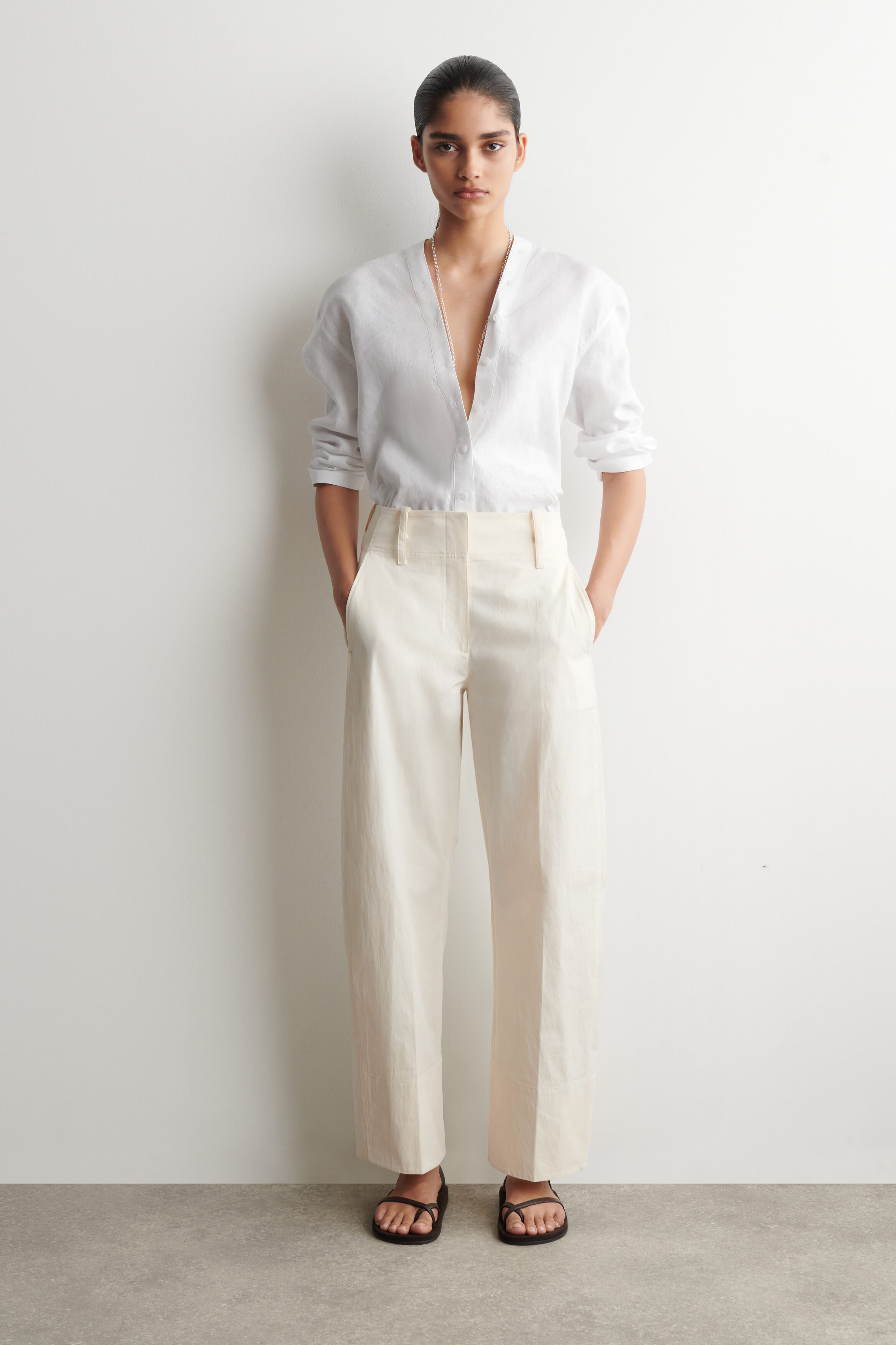 BUTTON-DETAIL LINEN V-NECK SHIRT - WHITE | COS US
