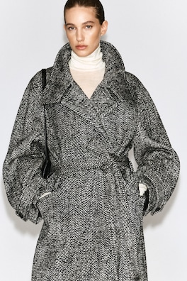 BELTED HERRINGBONE WOOL MOCK-NECK COAT — BLACK / HERRINGBONE 5