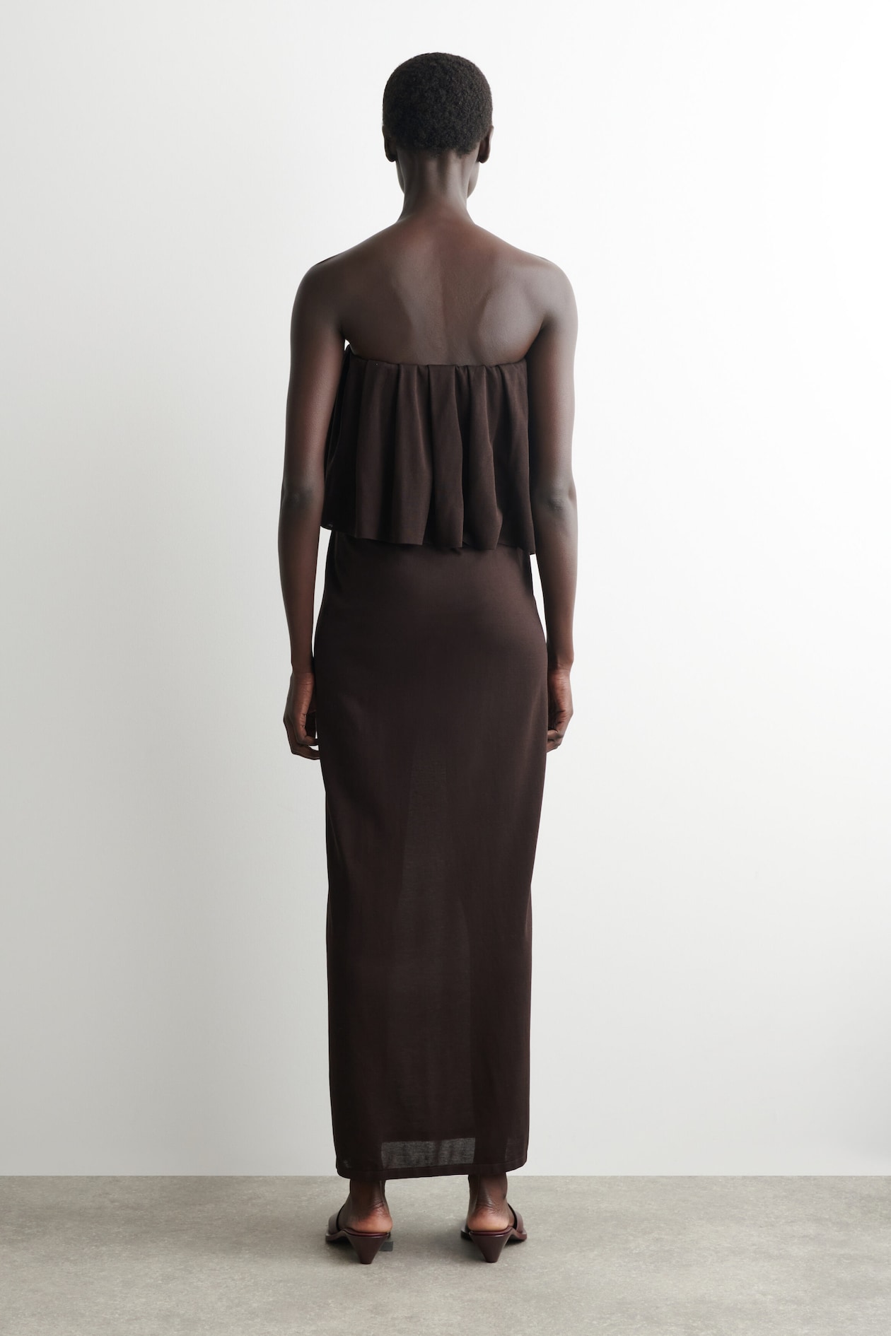 LAYERED SHEER-KNIT BANDEAU MAXI DRESS — BITTER CHOCOLATE