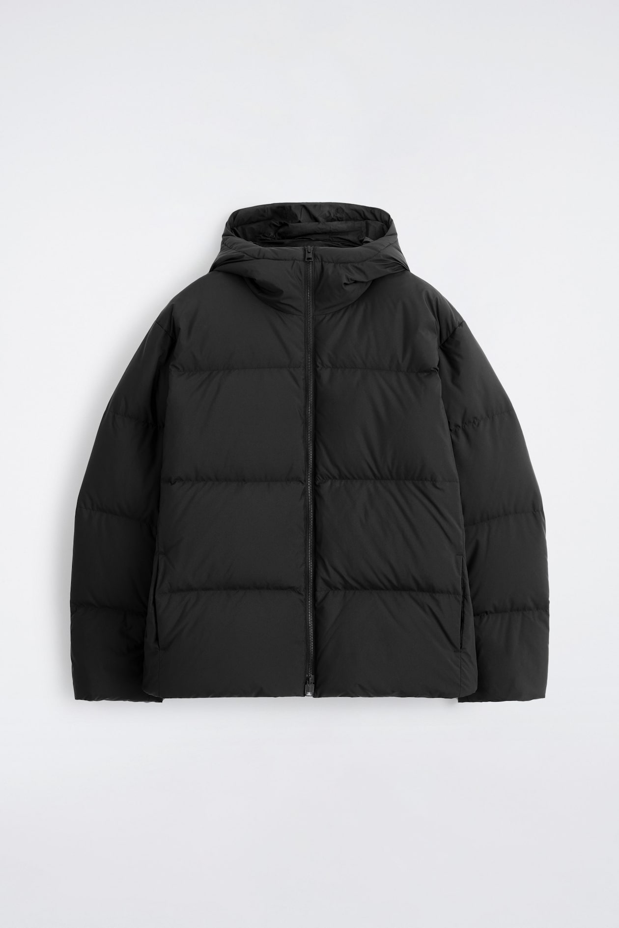 HOODED DOWN PUFFER JACKET — BLACK