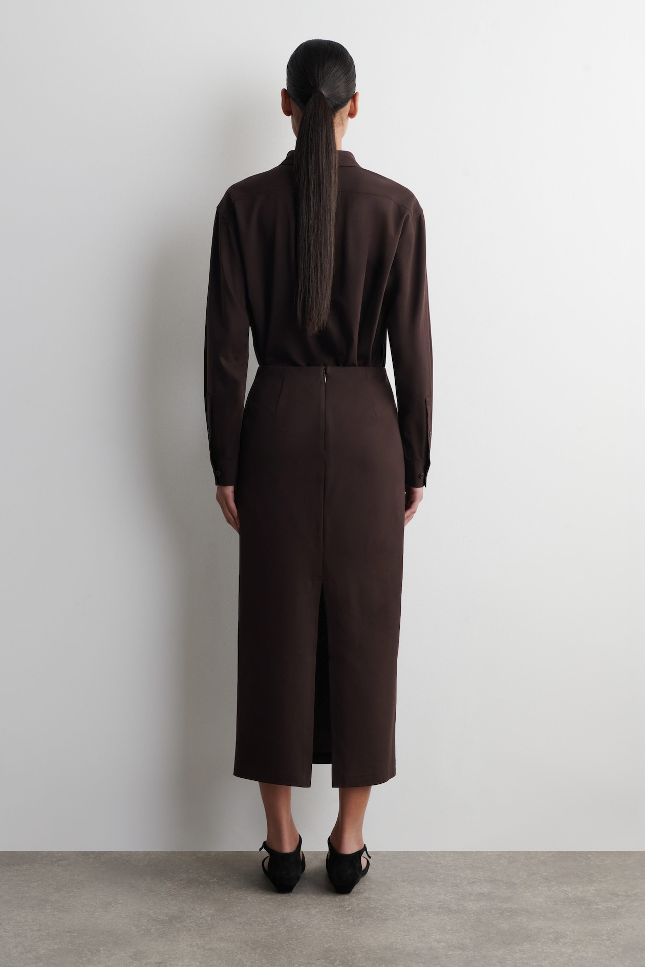 JERSEY MIDI PENCIL SKIRT — DARK BROWN