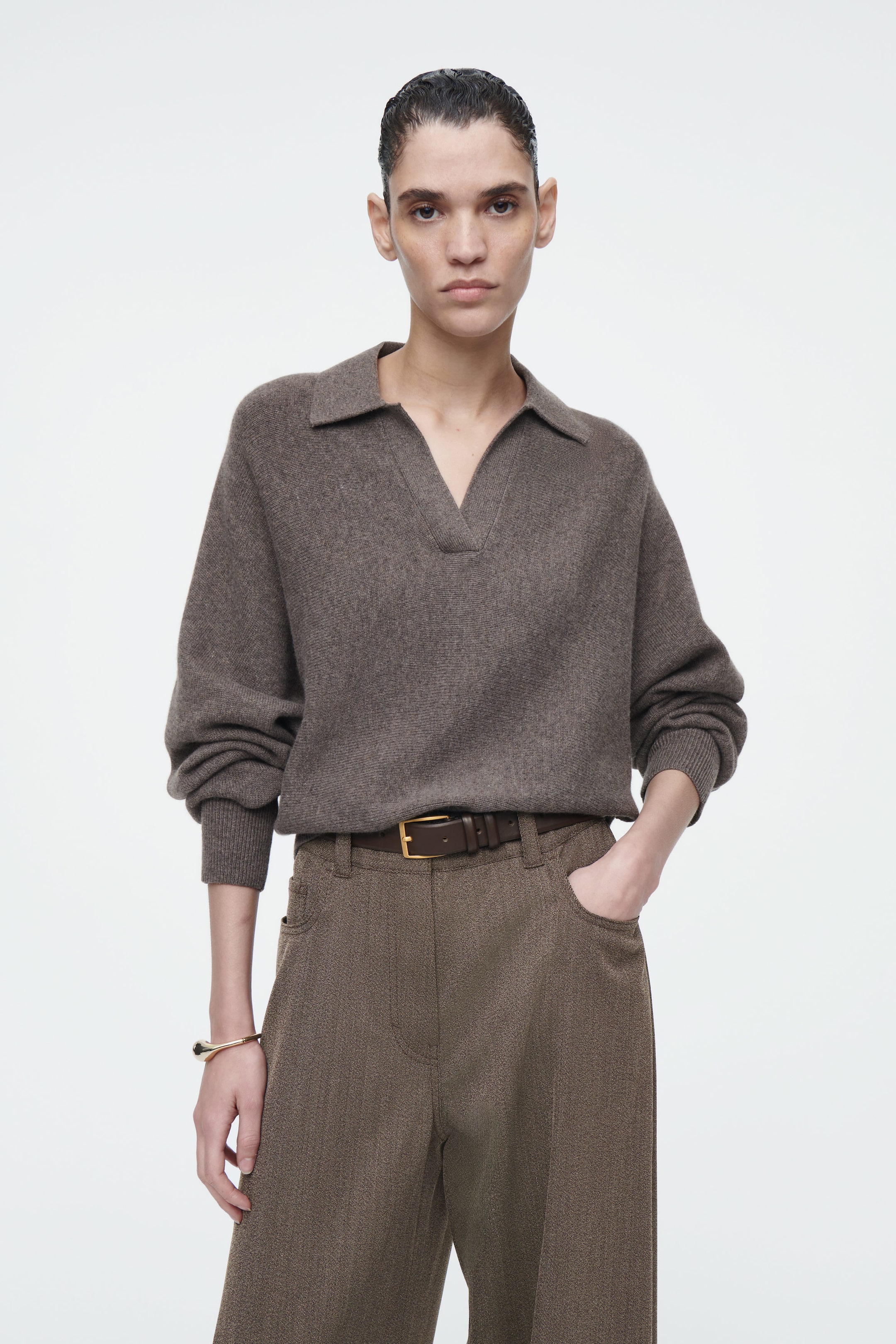 BATWING-SLEEVE WOOL POLO SWEATER