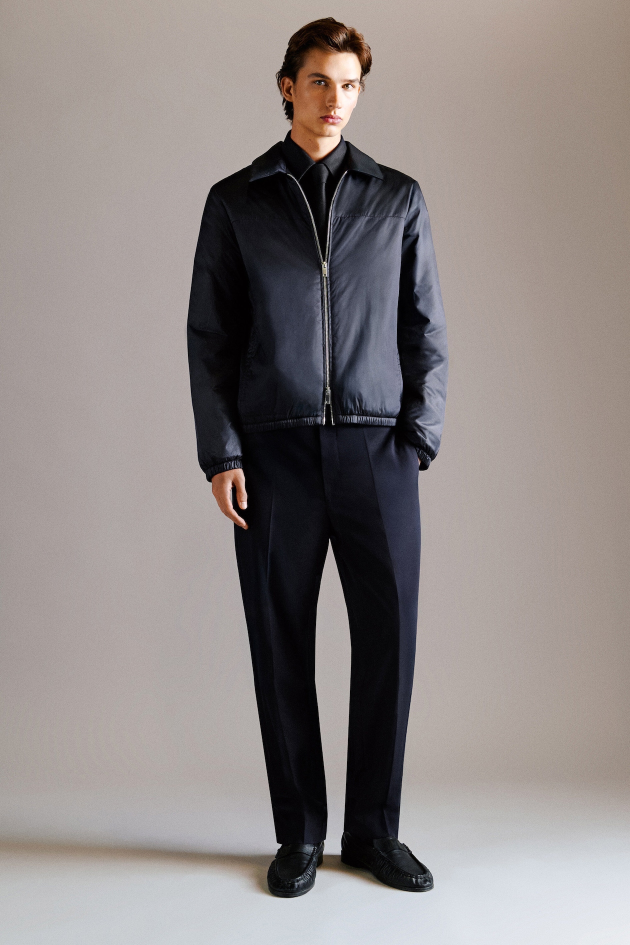 PADDED NYLON ZIP-UP BOMBER JACKET — NAVY