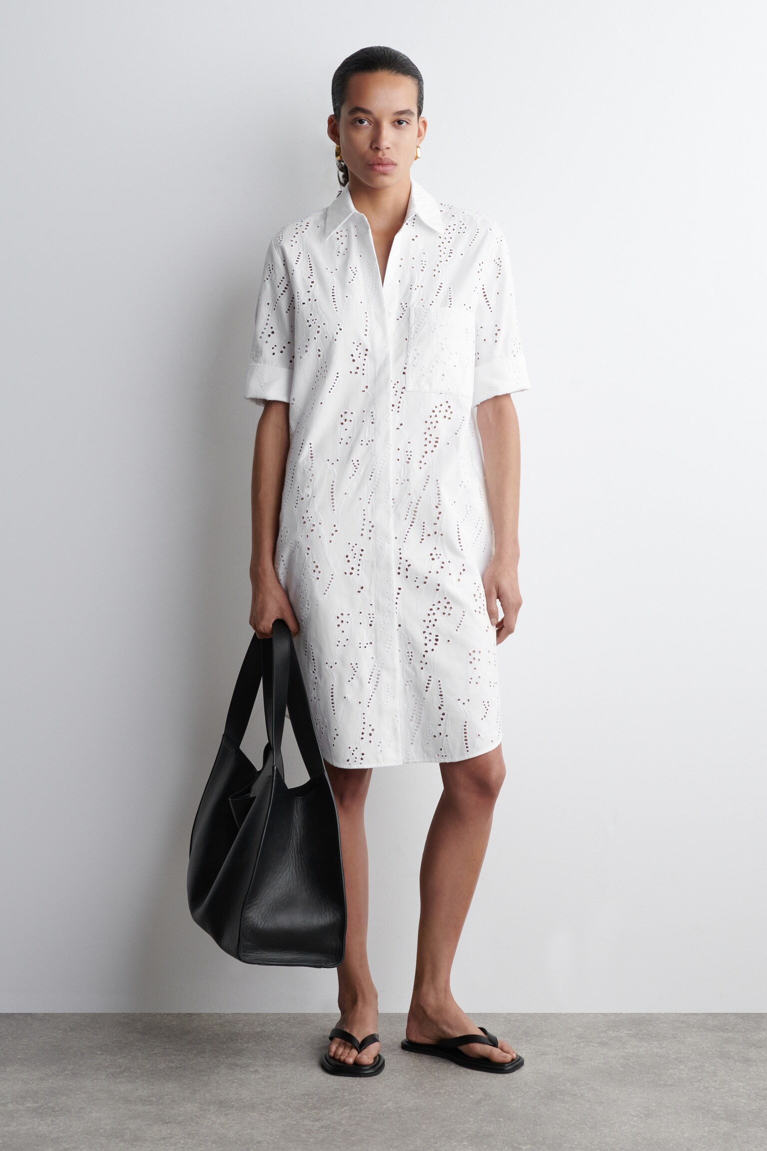 VESTIDO CAMISERO DE BORDADO INGLÉS - BLANCO