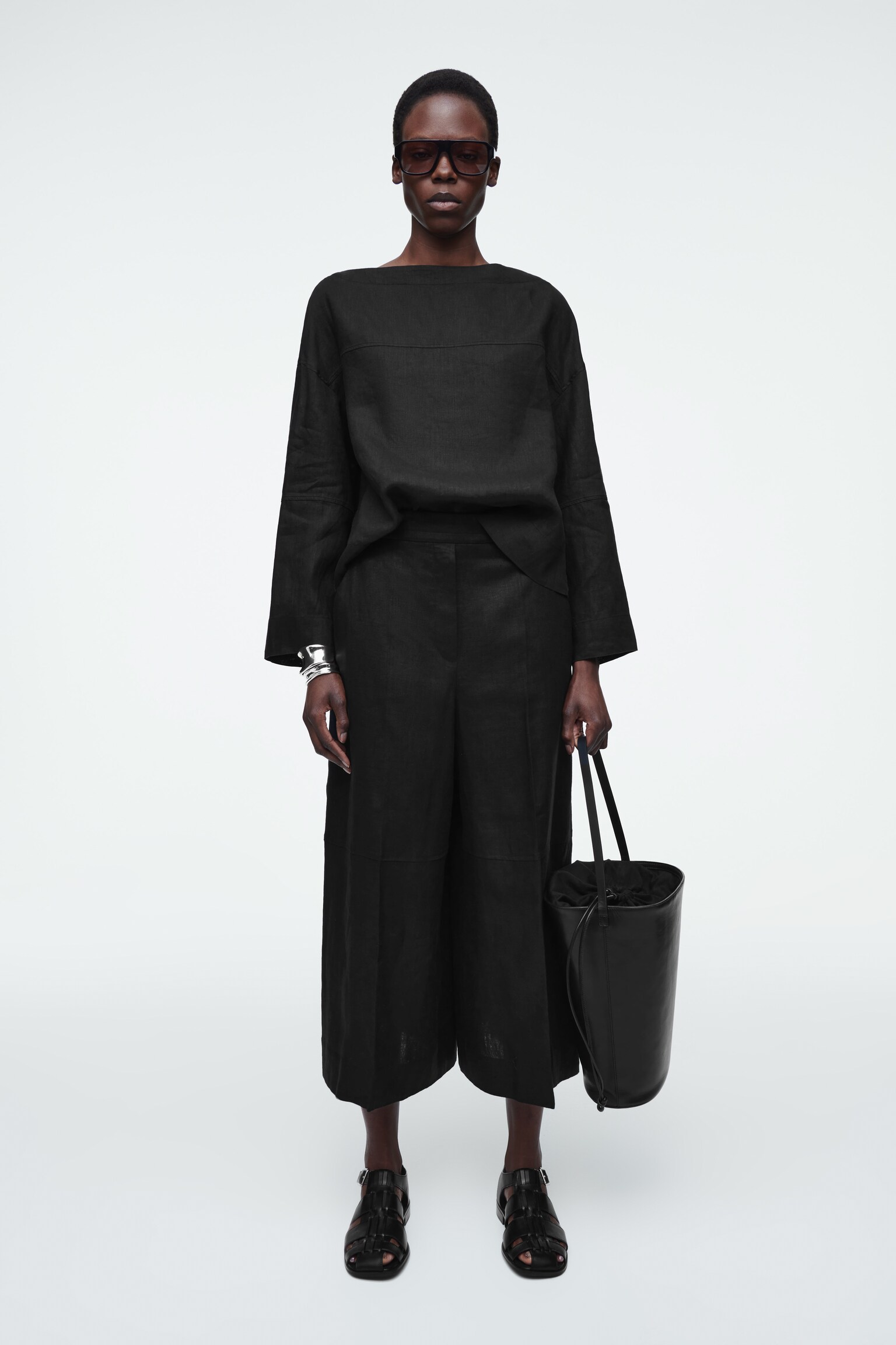 BLOUSE AVEC DÉTAIL À NOUER EN LIN - NOIR/BLANC - 6