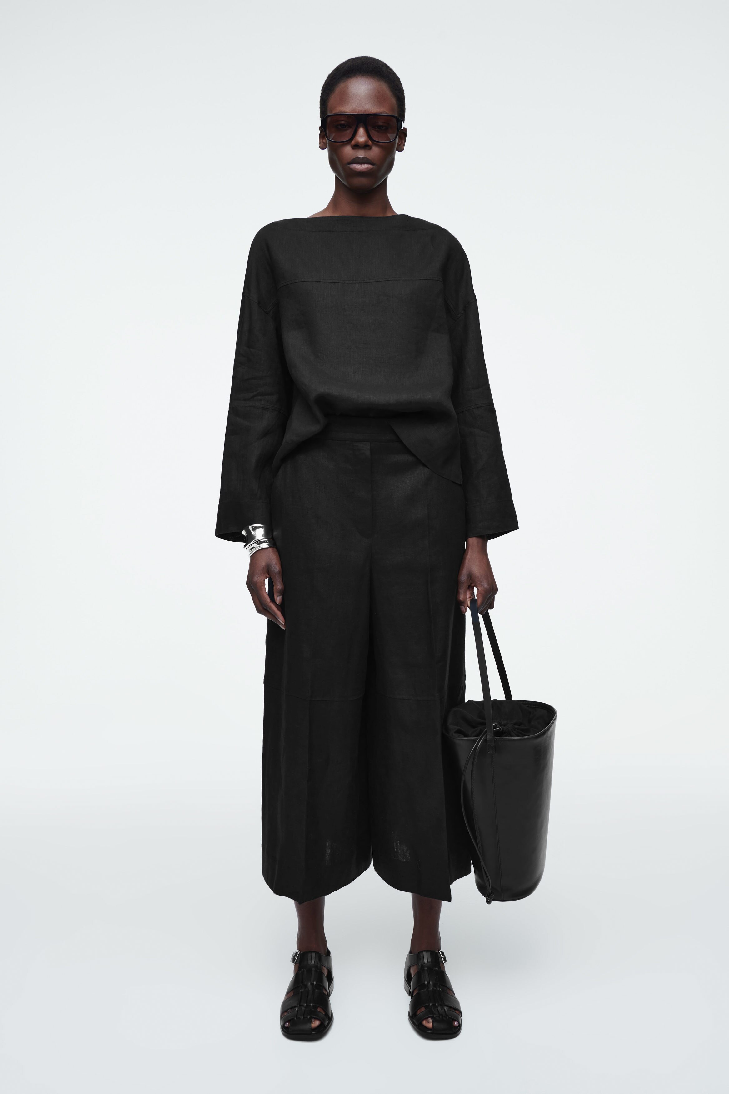 TIE-DETAIL LINEN BLOUSE - BLACK | COS