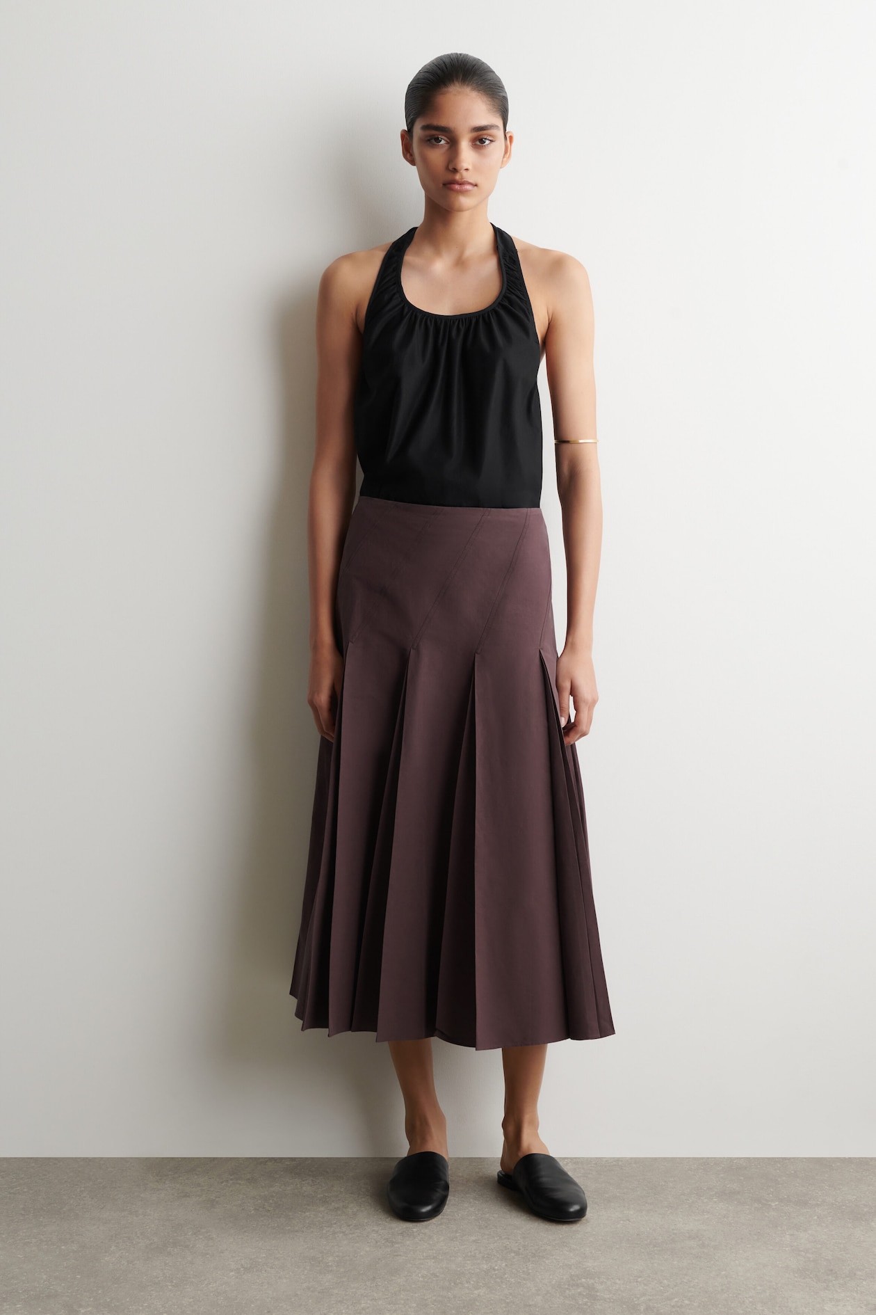 PLEATED COTTON-LINEN MIDI SKIRT