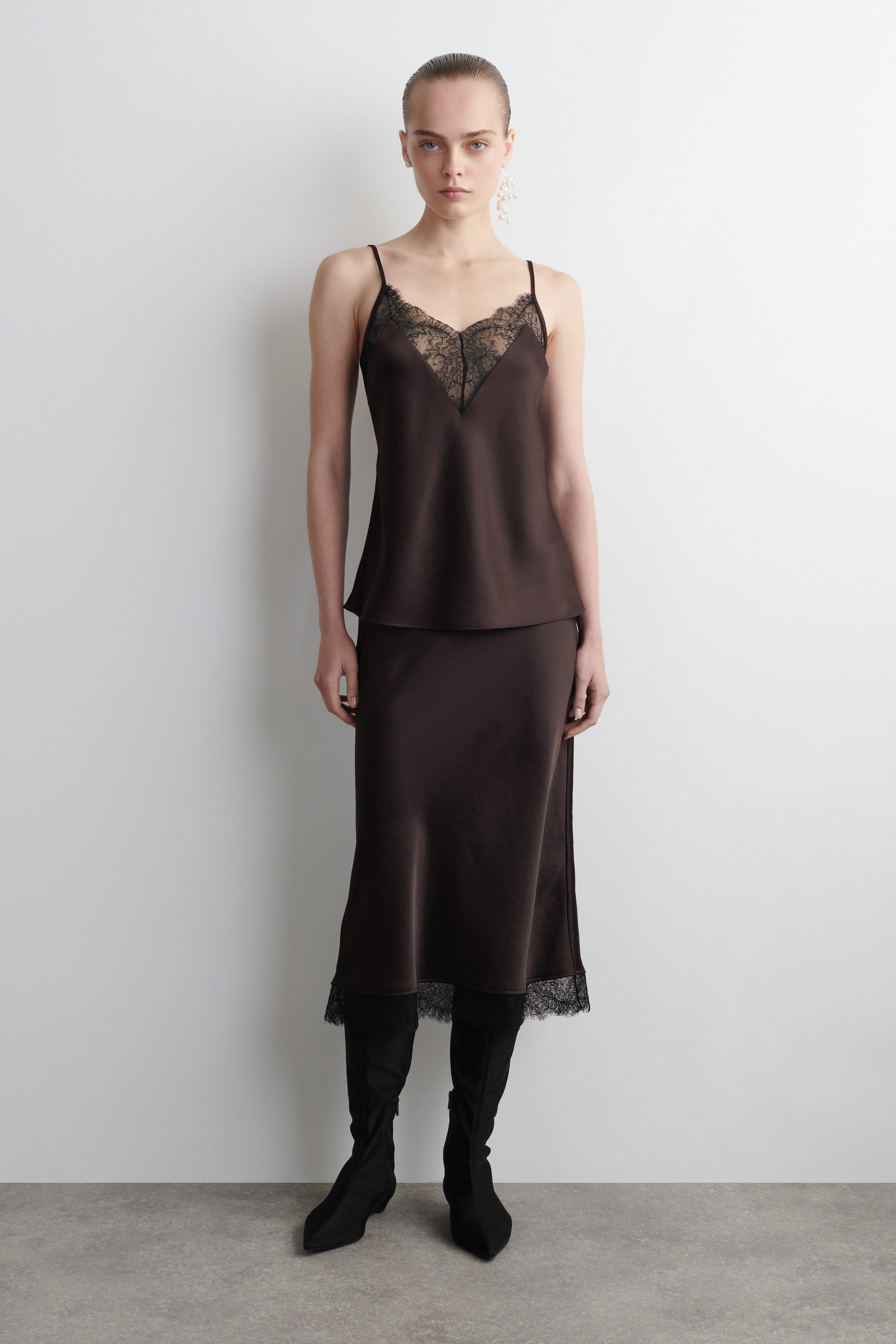 LACE-TRIMMED SATIN CAMI TOP