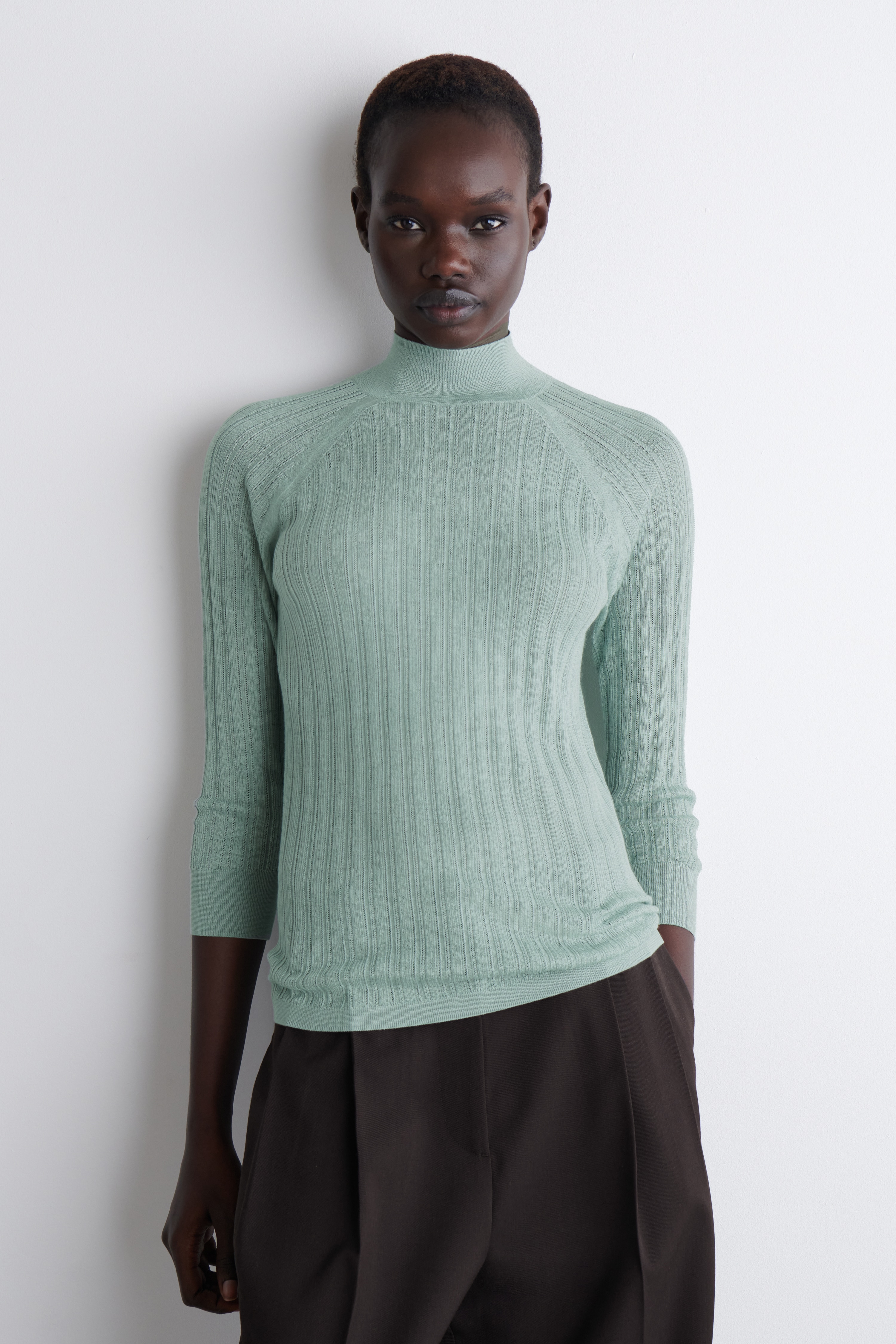 PÓŁPRZEZROCZYSTA BLUZKA Z JEDWABIU I WEŁNY MERINO - TURKUSOWY/BRZOSKWINIOWY