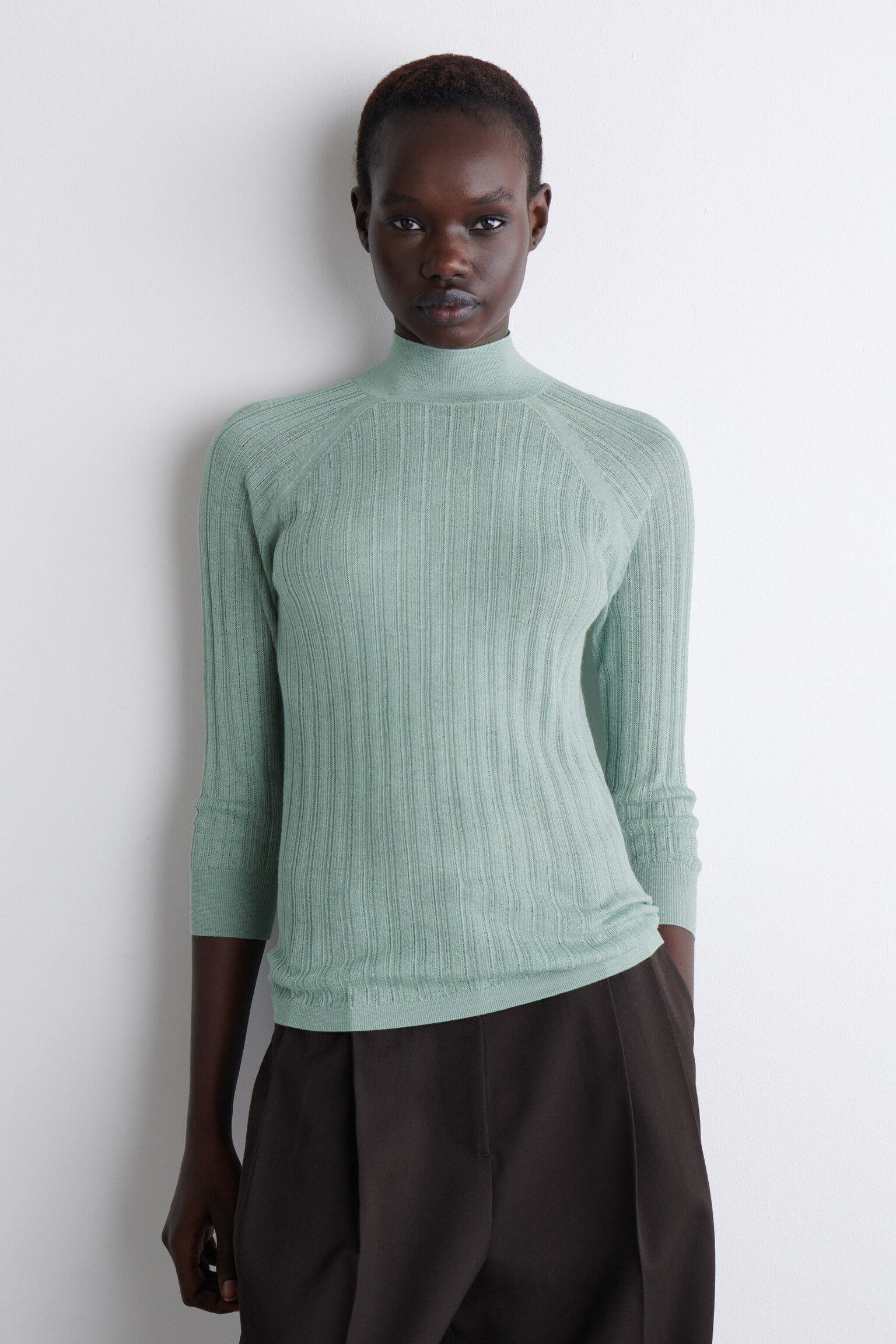 SHEER RIBBED-KNIT TOP - TURQUOISE/PEACH