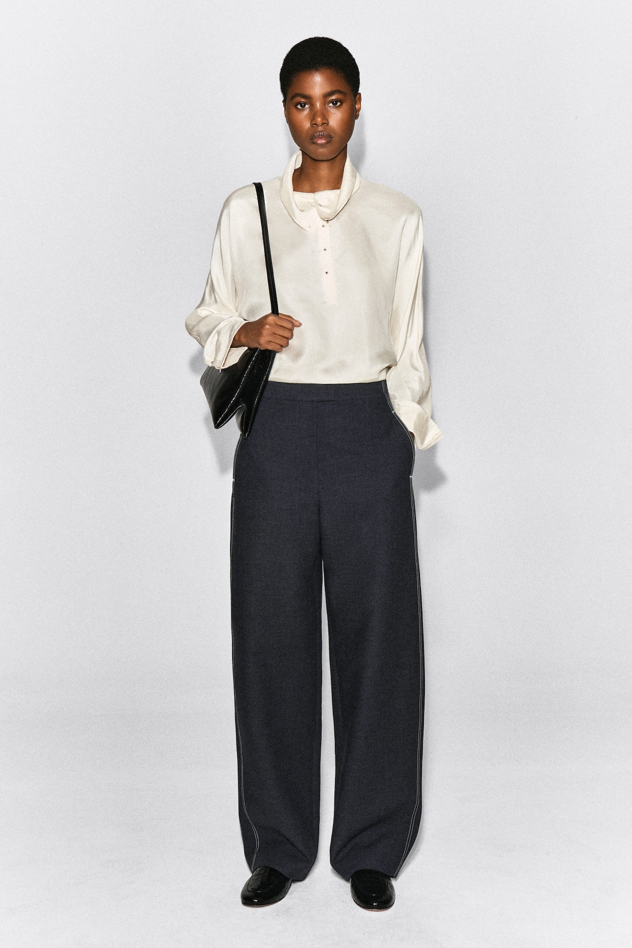 TOPSTITCHED BARREL-LEG PANTS — CHARCOAL