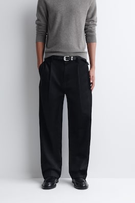 PLEATED RELAXED-FIT TAPERED CORDUROY PANTS — BLACK 2