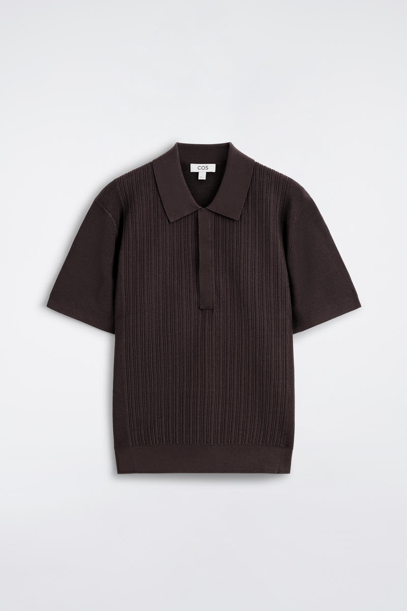 Textured-Panel Cotton Polo Shirt in Brown