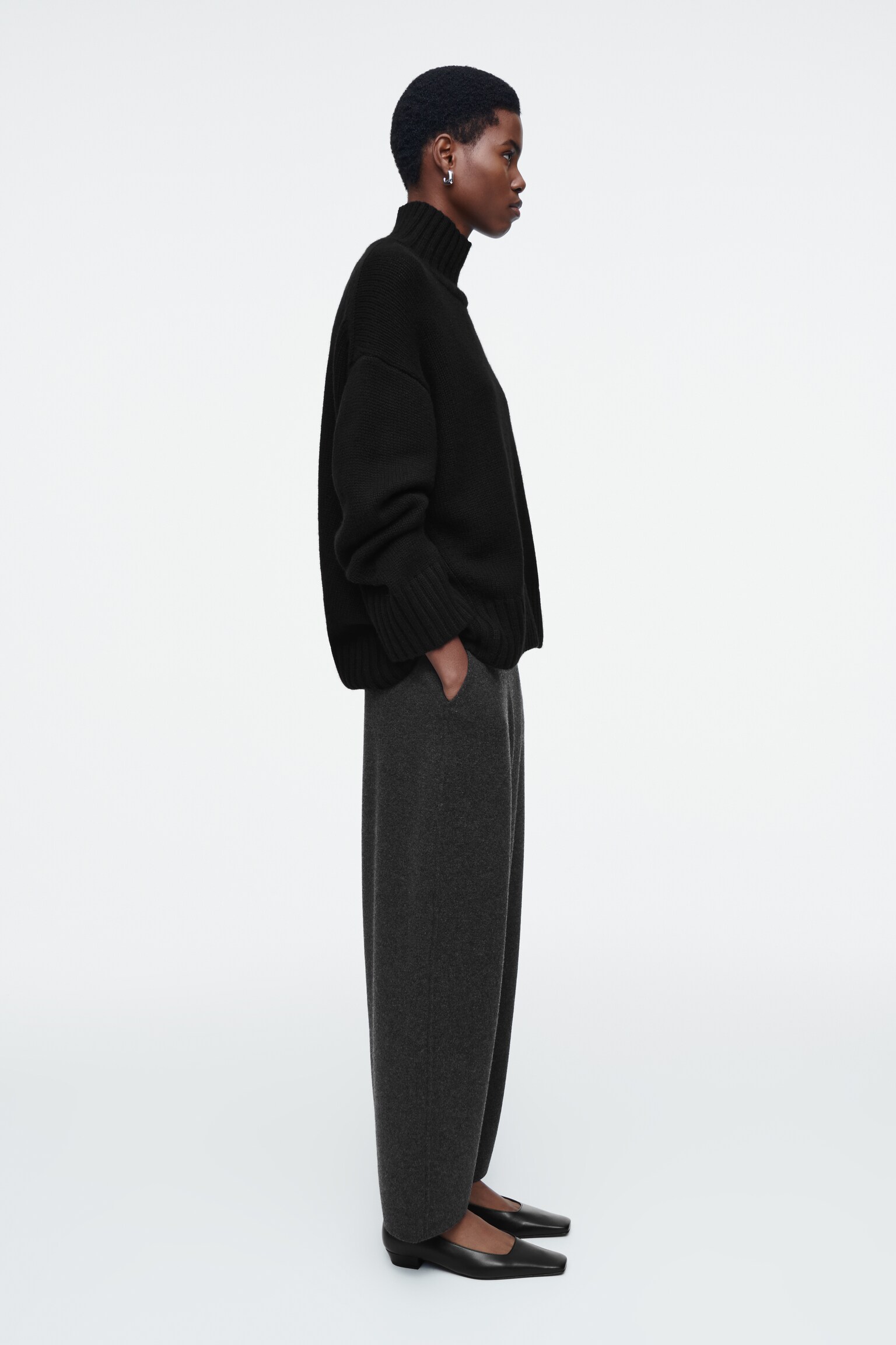 MERINO WOOL BARREL-LEG TROUSERS - CHARCOAL MÉLANGE/GREY MÉLANGE - 3