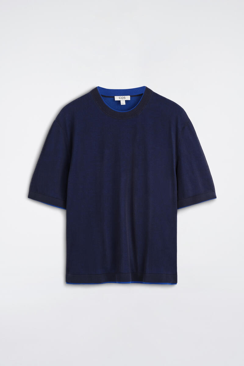 Layered Knitted Cotton T-Shirt in Navy