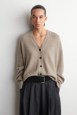 CASHMERE V-NECK CARDIGAN — BEIGE 1