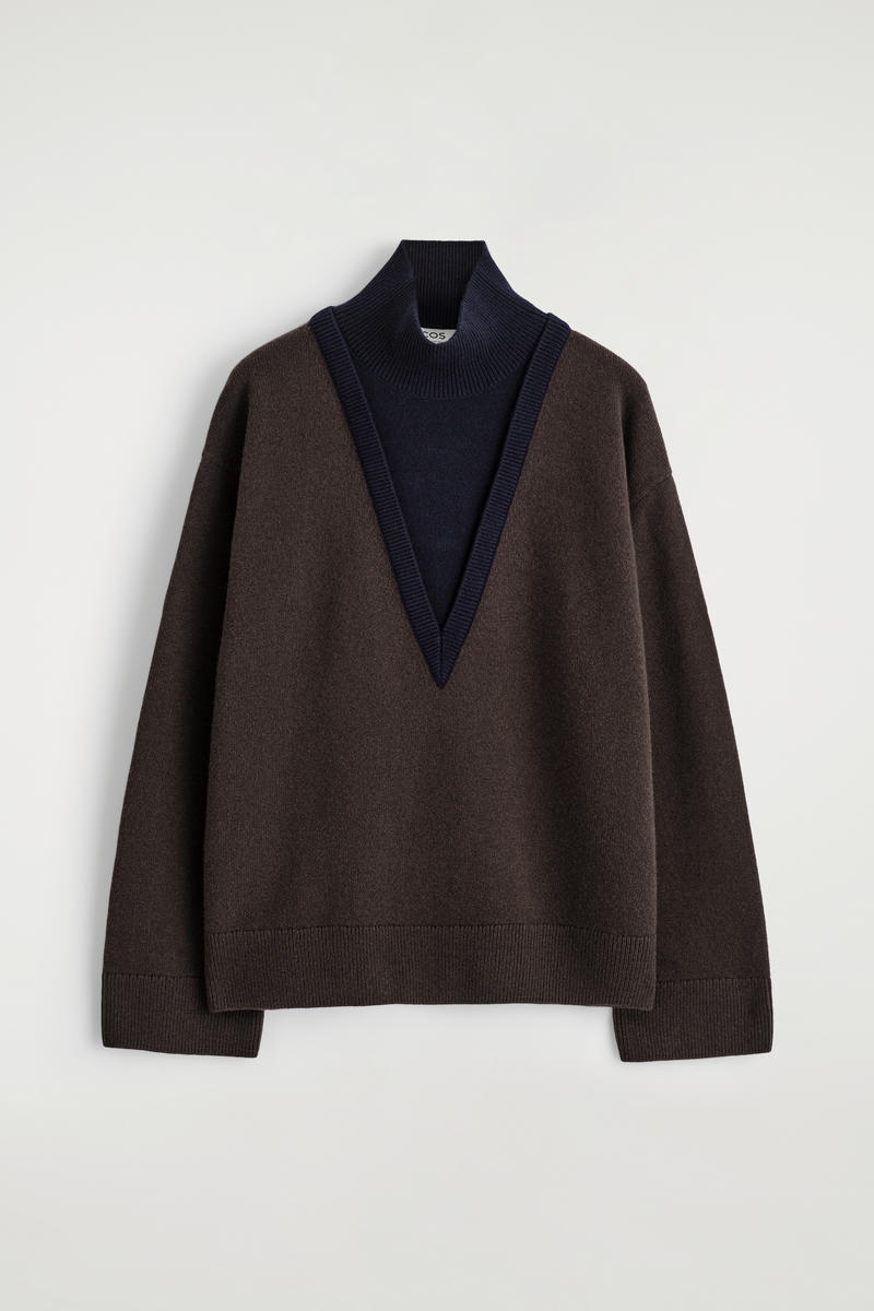 Cos Layered Merino Wool High-neck Sweater In Brown