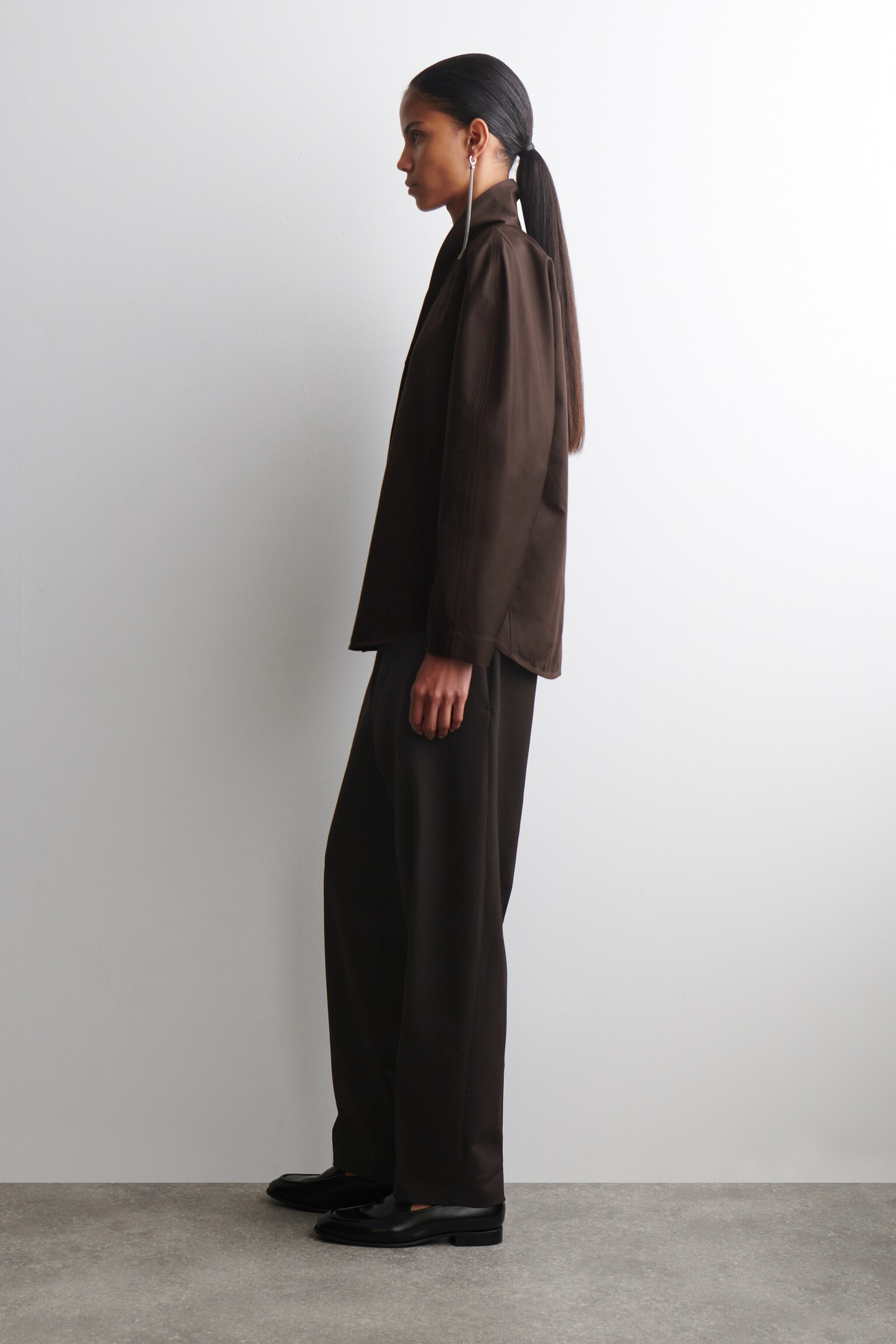 SHAWL-COLLAR COTTON BLOUSE - DARK BROWN/OFF-WHITE - 3