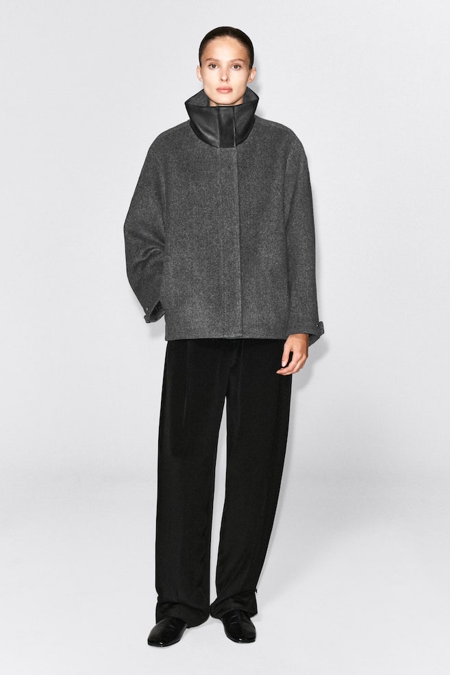 OVERSIZED LEATHER-COLLAR WOOL-HERRINGBONE JACKET - BLACK / HERRINGBONE - 1