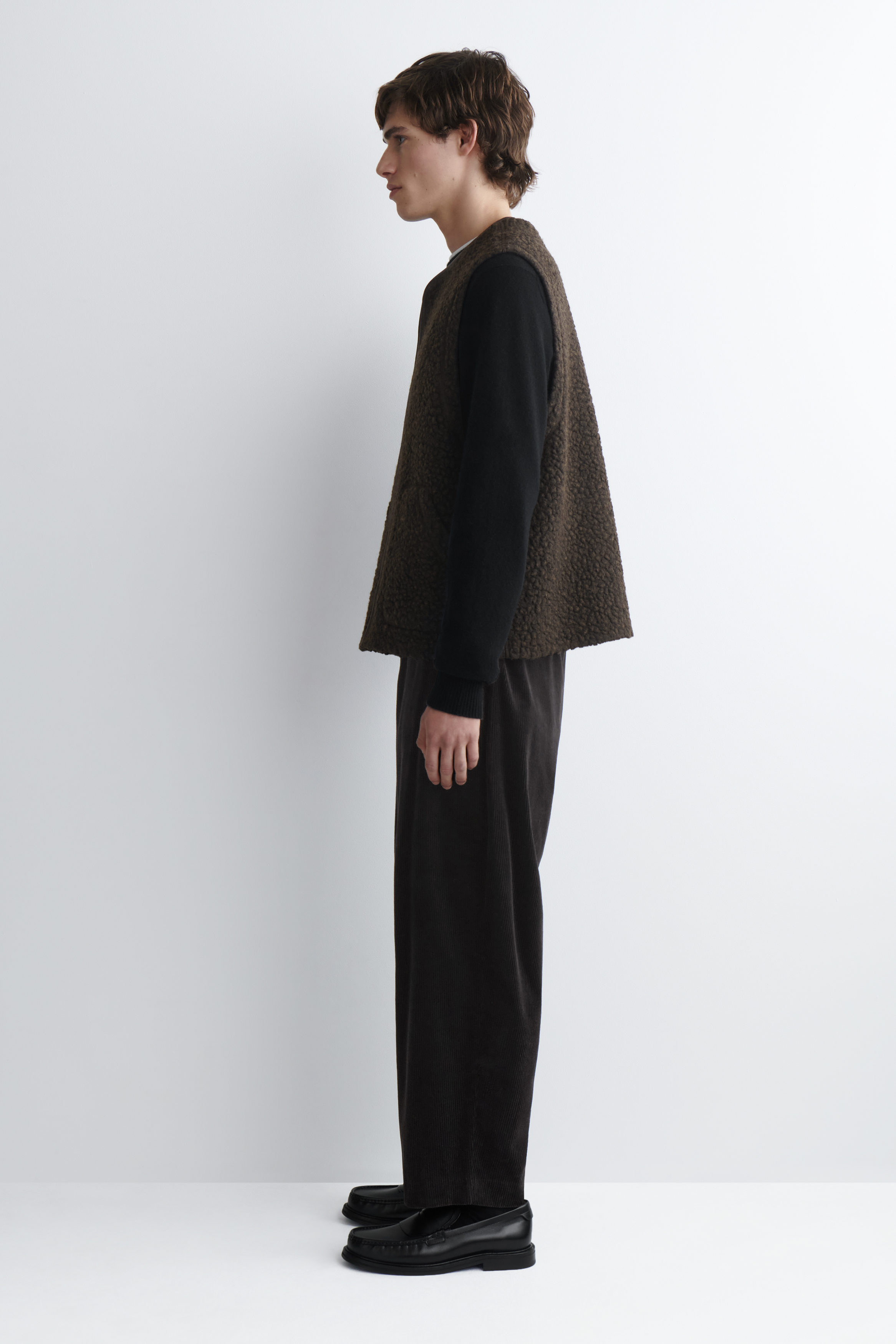 LEATHER-TRIMMED TEDDY GILET - DARK-BROWN MÉLANGE | COS