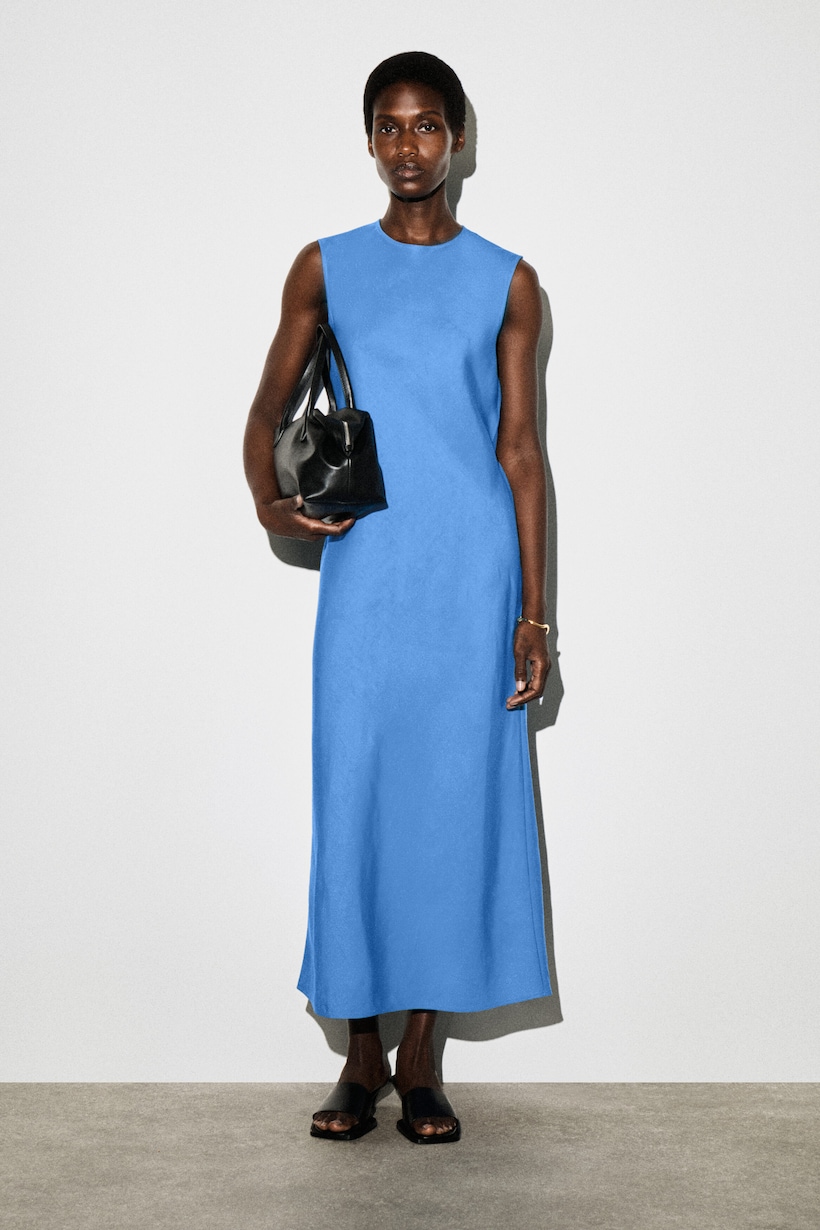 BIAS CUT LINEN BLEND MIDI DRESS - BLUE | COS US