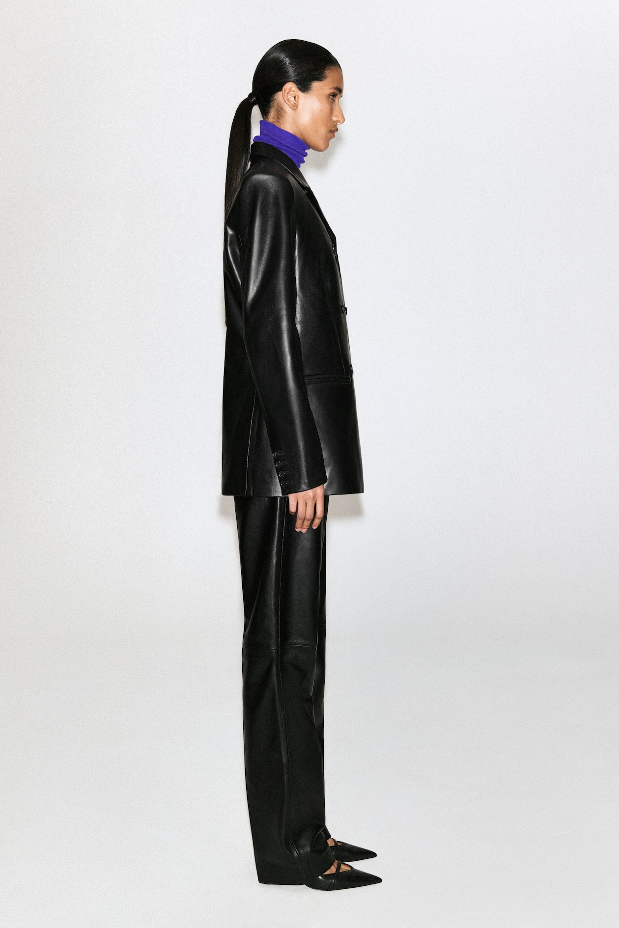 LEATHER DOUBLE-BREASTED BLAZER — BLACK