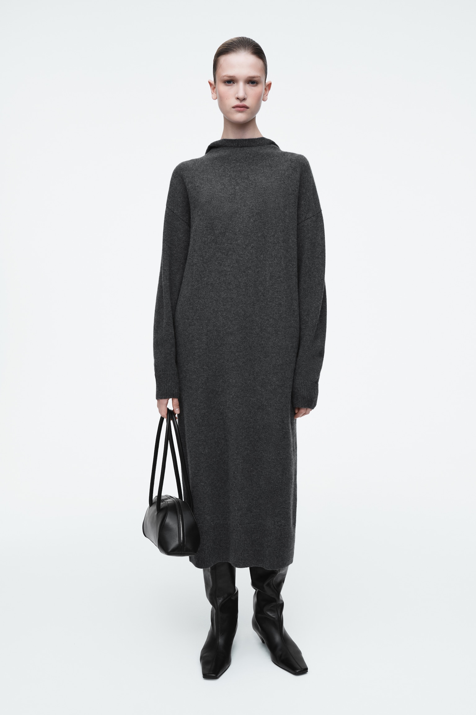 ROBE LONGUE À CAPUCHE EN LAINE MÉRINOS - GRIS FONCÉ