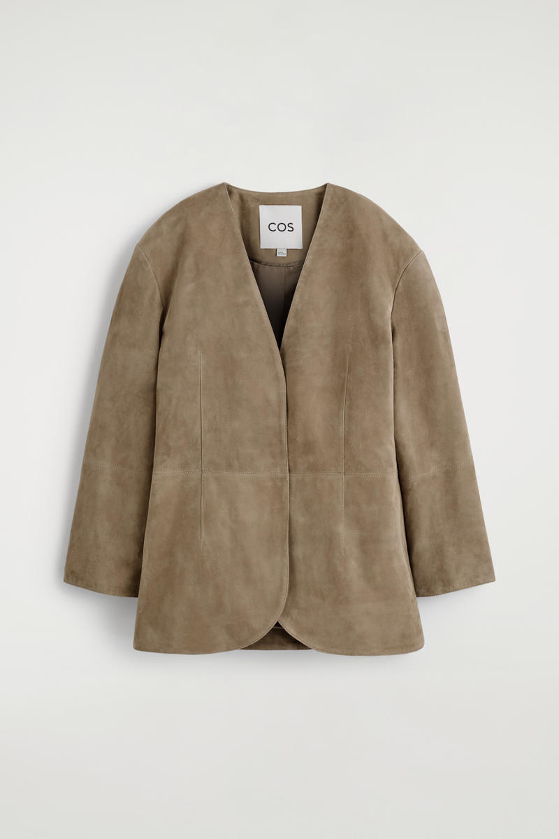 Cos Collarless Suede Blazer In Brown