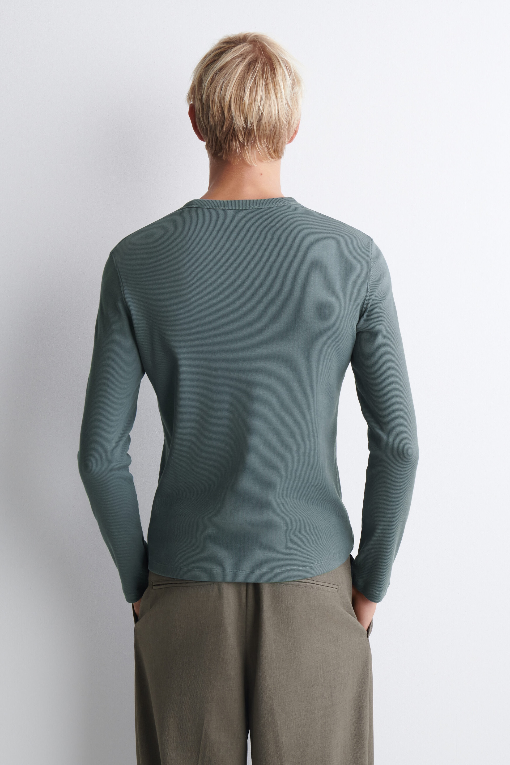 A long-sleeve, sage green crewneck top is shown from the back, highlighting its slim fit and fine ribbed texture. The top features a ribbed collar and a straight hem, resting over olive green trousers. A long-sleeve, sage green crewneck top is shown from the back, highlighting its slim fit and fine ribbed texture. The top features a ribbed collar and a straight hem, resting over olive green trousers.