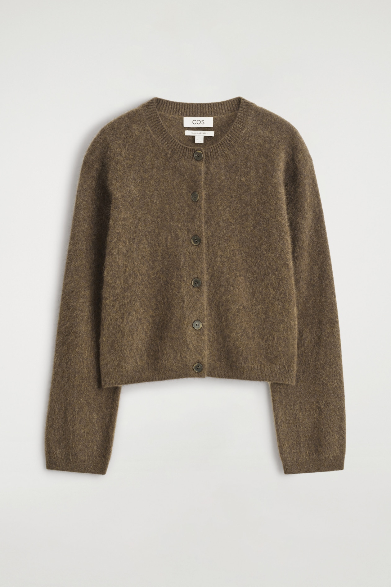 BRUSHED PURE CASHMERE CREW-NECK CARDIGAN — KHAKI