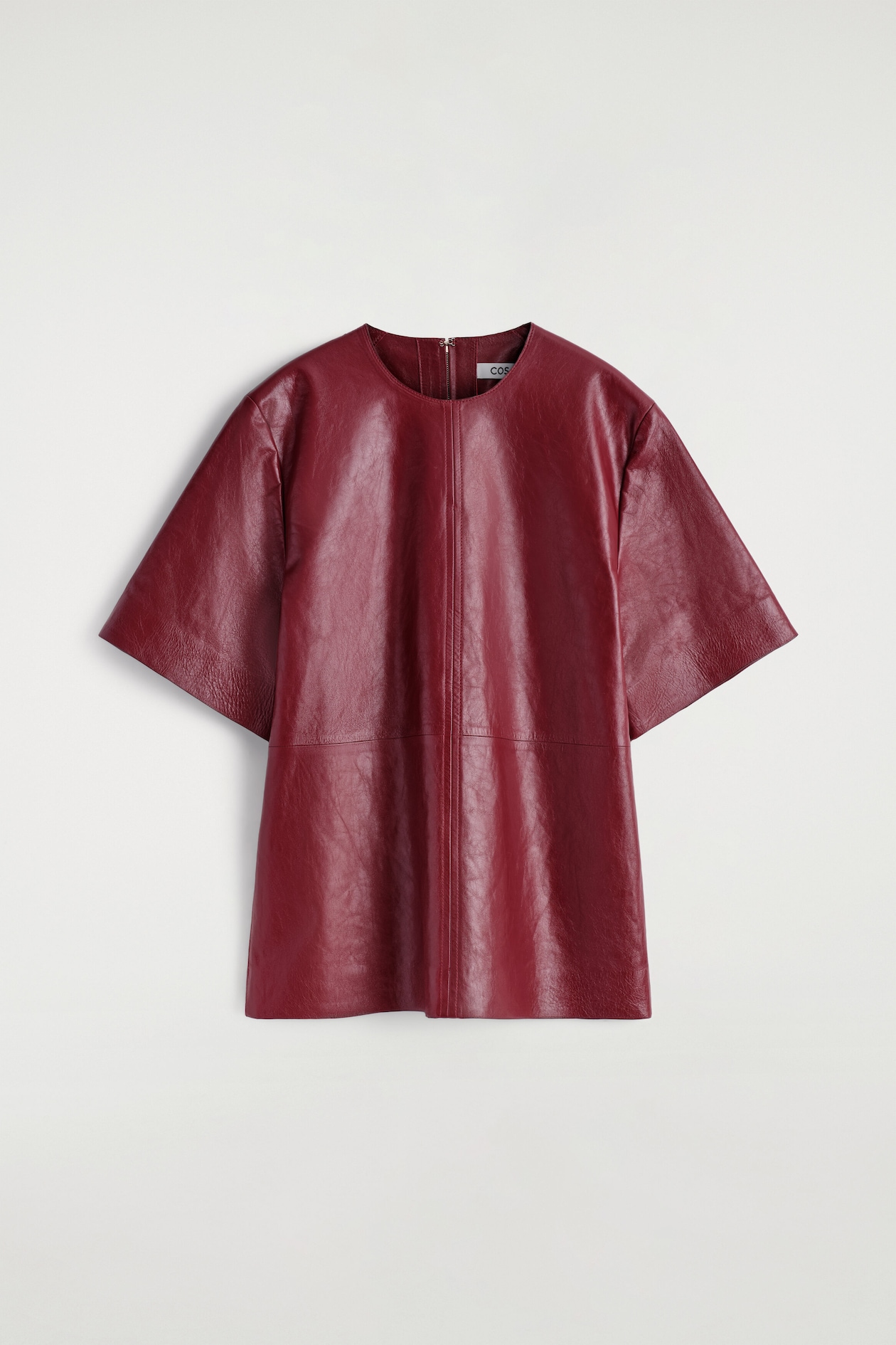 PANELLED TEXTURED-LEATHER T-SHIRT — CRIMSON