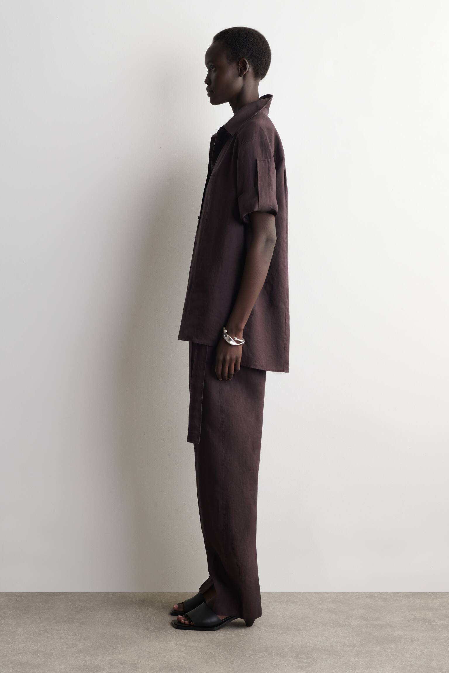 CAMICIA IN LINO CON MANICHE RIPIEGATE - BORDEAUX/BEIGE - 4