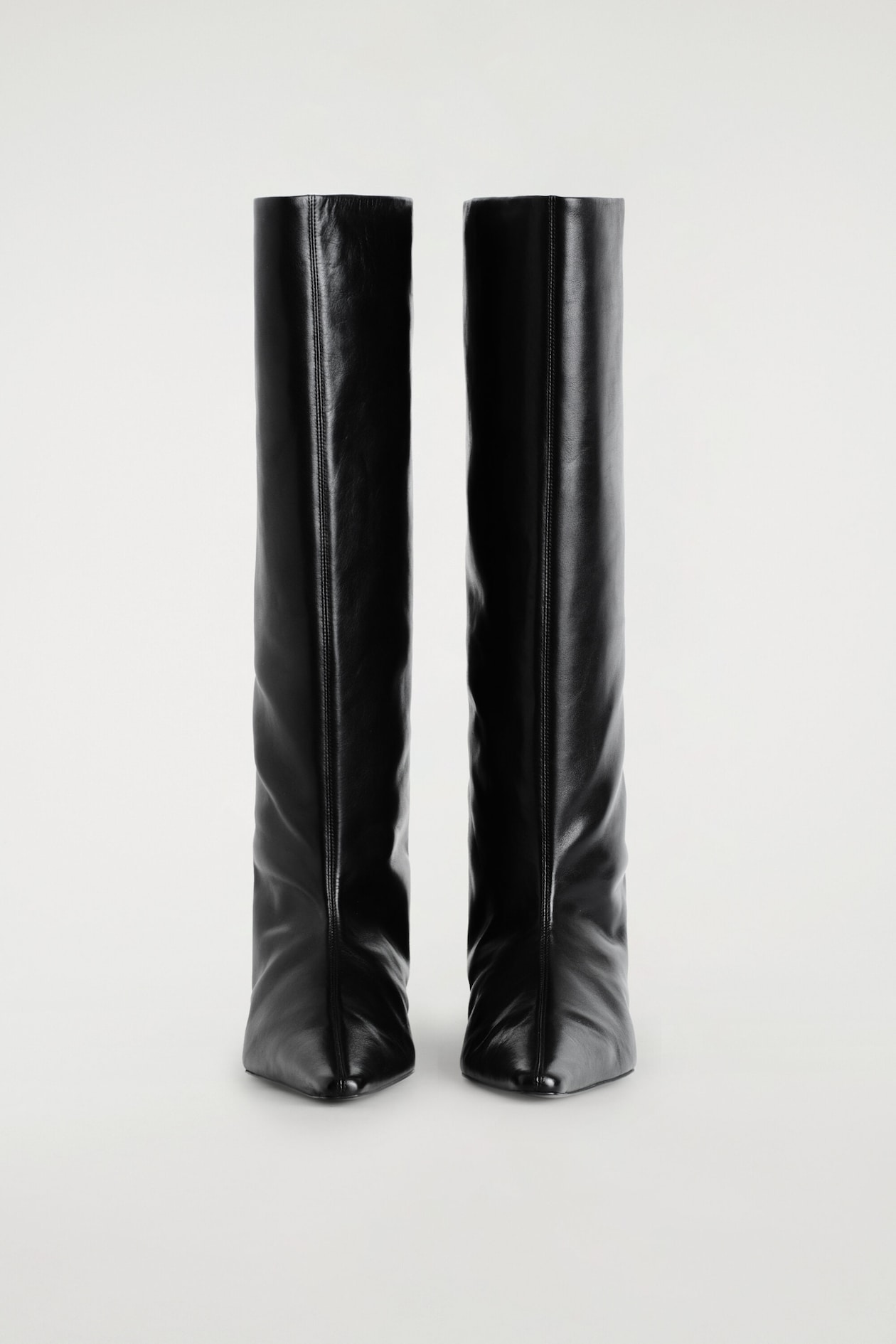 POINTED LEATHER WEDGE KNEE BOOTS — CARBON
