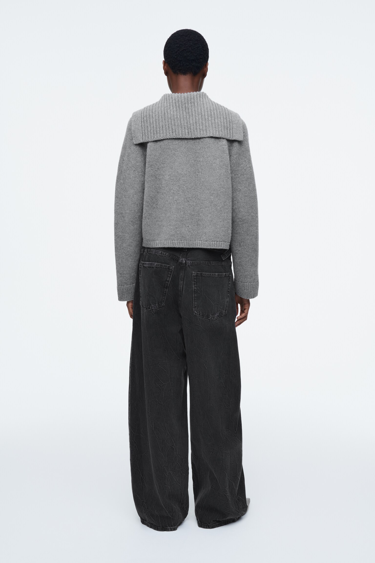 SAILOR-COLLAR WOOL CARDIGAN - GREY MÉLANGE/DARK BROWN/BEIGE - 3