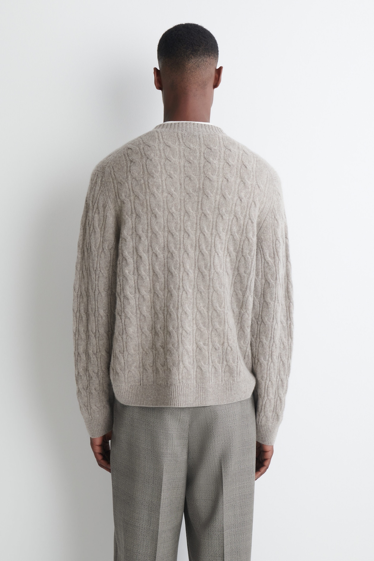 CABLE-KNIT PURE CASHMERE CREW-NECK SWEATER — BEIGE