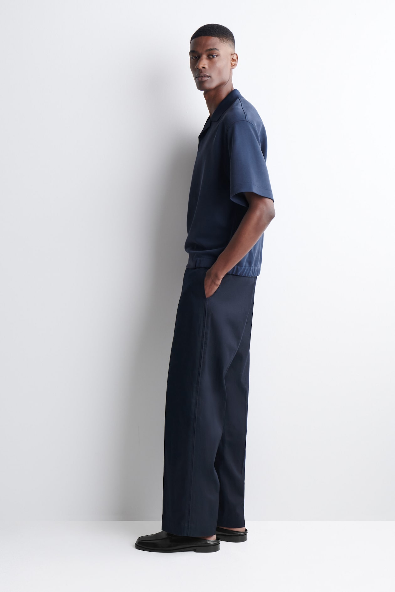 JERSEY-BONDED COTTON-TWILL POLO SHIRT — NAVY