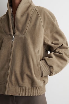 SHAWL-COLLAR SUEDE BOMBER JACKET — BEIGE 4