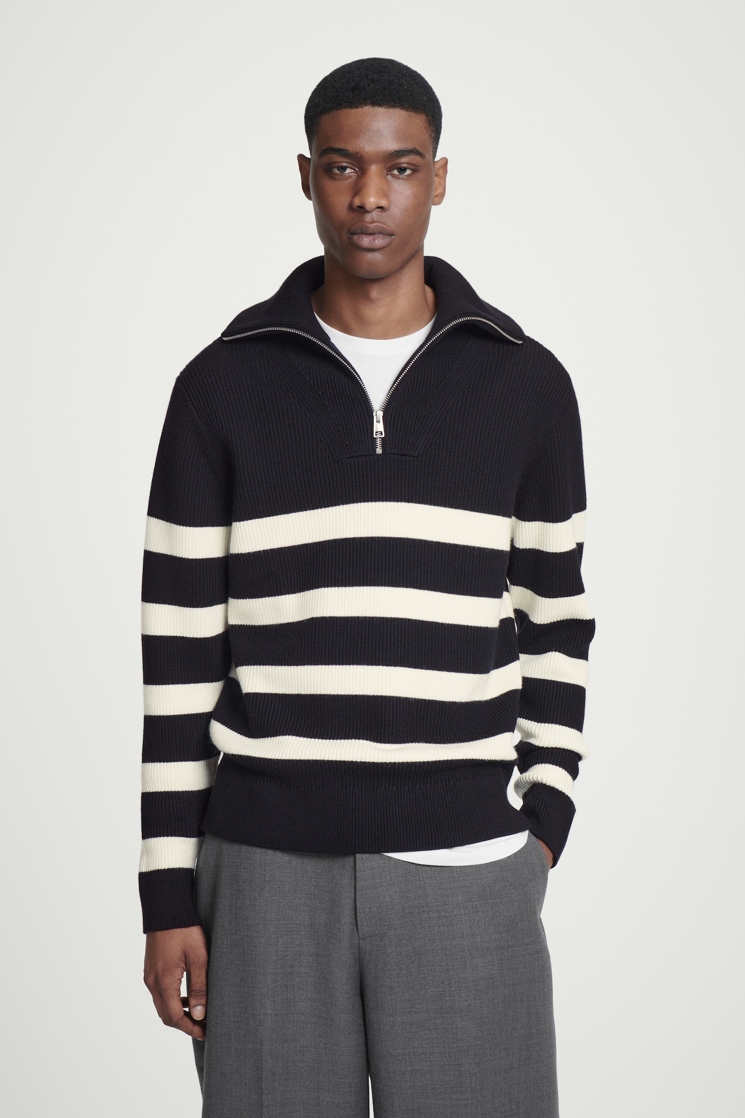 MERINO WOOL HALF-ZIP JUMPER - BLACK / CREAM / STRIPED